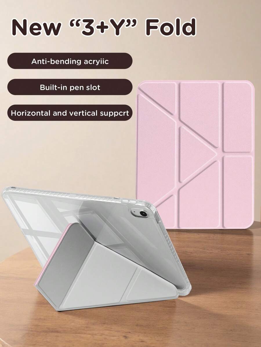 纯粉色 Y 型折叠平板电脑保护套，适用于三星平板电脑/iPad Mini 6/7/9.7/10.2/10.5/10.9/12.9/Pro 11（第十代）。保护套支持多角度调节，六种支架摆放方式，内置手写笔槽，适用于三星 A9 PLUS 11 英寸平板电脑，透明后盖，防摔保护，自动唤醒/休眠 - 彩色 - 查看 1
