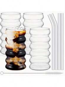 4pcs Glass Cup Set, 16oz Glass Water Bottle, Glass Cup, Wave Bubble Cup, Wave Pattern Glass Drinkware, Beer Cup, Iced Coffee Cup, Suitable For Juice, Coffee, Lemonade, Tea, Great For Birthday, Christmas, Valentine's Day Gifts - Clear - View 7