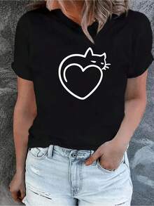 Stylish Cat With Heart Geometric Print Summer Simple Pattern T-Shirt, Casual Crew Neck, Fit, Short Sleeves, Breathable Fabric, Multifunctional Top, Suitable For Teens And Adults - 黑色1 - 查看 1