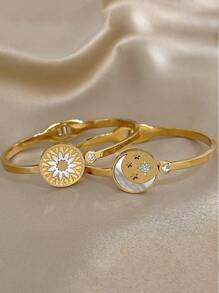 18K 镀金不锈钢浪漫金色月亮星星太阳花朵手镯镶嵌锆石，优雅可叠戴珠宝，适合女士和女孩，妈妈礼物，返校礼物，万圣节礼物，夏季旅行海滩珠宝，波西米亚风格珠宝，狂欢/舞会/派对/日常配饰，生日礼物