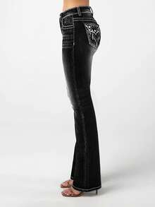 Women's Large-Size High-Waisted Stretch Denim Jeans With Faded Water-Washed Blue Feathers And Embroidered Netting On The Back Pocket, Featuring A Retro Bell-Shaped Design. Comfortable And Elegant, Suitable For All Occasions. Large-Size Women's Denim Pants. - 黑色 - 查看 4
