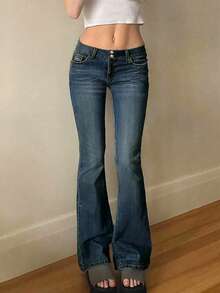 European & American Y2K Street Fashion Tight Low-Waist Flare Leg Jeans - Dark Wash - View 3