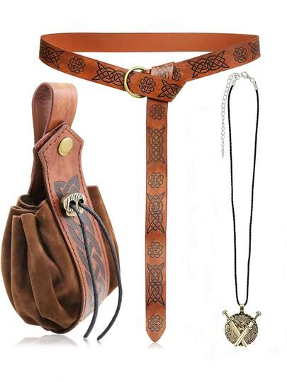 3pcs Medieval Viking Belt, Vintage Drawstring Waist Bag, And Shield Necklace - Renaissance Knight Accessory Set For LARP, Halloween