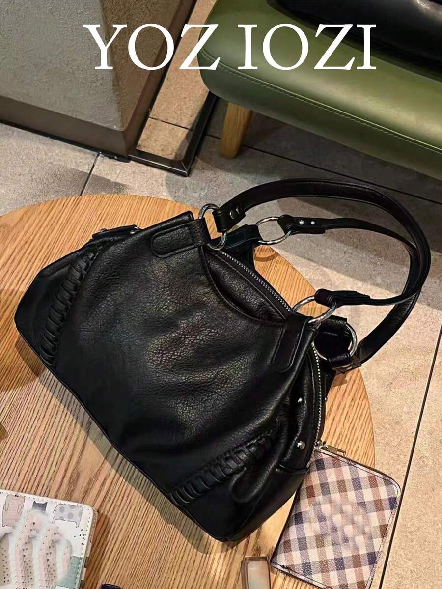 韩式小众设计摩托车包，复古百搭时尚腋下单肩包，时尚通勤及日常佩戴单肩手提包 - 黑色 - 查看 1