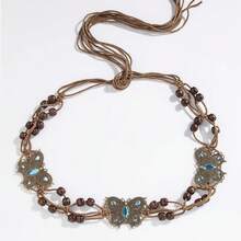 Bohemian Style Handwoven Beaded Waist Chain - Versatile Women's Belt With Wooden Beads & Crystal Accents, Butterfly Design - 蝴蝶黃鑽 - 查看 1