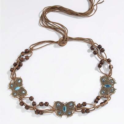 Bohemian Style Handwoven Beaded Waist Chain - Versatile Women's Belt With Wooden Beads & Crystal Accents, Butterfly Design