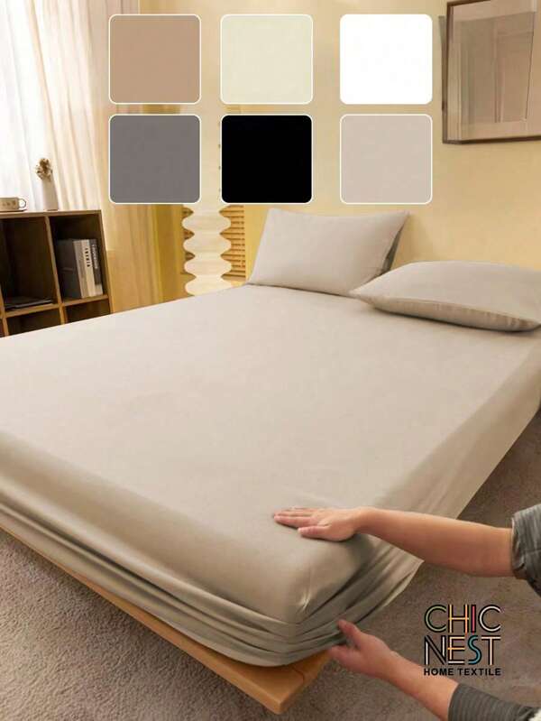 1pc Solid Color Khaki Fitted Sheet, Mattress Protector, Mattress Cover For Bed, Bed Sheet, Soft And Breathable, For All Size Bed -Twin, Full, King, Queen Size Sheet Deep Pocket Up To 11.8 Inch Home Textile