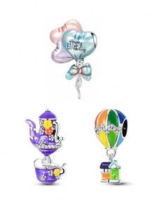 Sterling Silver Charm Love Bow Happy Birthday Blue Beads Charm Pendant Ball Suitable For Bracelets DIY Women's Jewelry - 銀色-SCY6466 - 查看 2