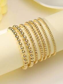 7pcs Gold Bracelets For Women Gold Bracelet Stack Pearl Beaded Bracelets For Women 14K  Stretch Bead Ball Bracelet Sets Jewelry For Mother's Day Birthday Gifts - 金色 - 查看 2