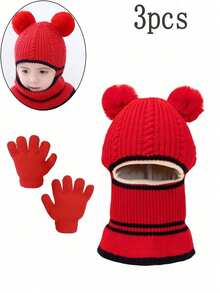 3pcs/Set Knitted Hat, Mask, Scarf, Gloves Set - Thick Thermal Lined Winter Warm Outfit For 2-8 Years Old Boys & Girls - Multicolor - View 13