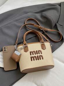 人造皮革纯色迷你水桶包，多功能休闲手提包和单肩包 - 卡其色 - 查看 4