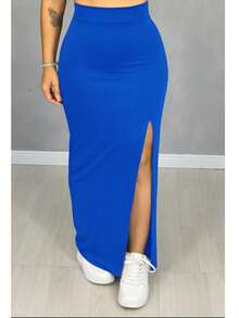 Women's Long Slit Skirt - Royal Blue - View 1