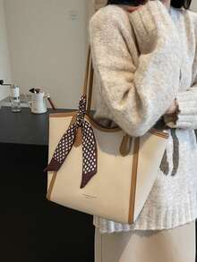 时尚纯色围巾装饰 PU 托特包，大容量通勤复古简约单肩包，百搭手提包，适合女性 - 米色 - 查看 4