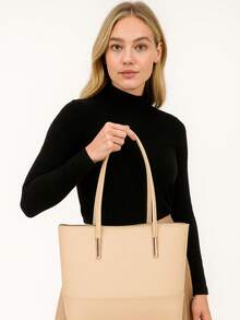 Classic Work Tote Bag Stylish Large Capacity PU Leather With Multiple Compartments - Nude - View 3