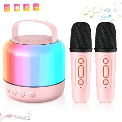 Miniequipo de karaoke, equipo de karaoke para niños y adultos, altavoz de karaoke portátil con Bluetooth con 2 micrófonos inalámbricos y luces de fiesta para niños y adultos, regalos de cumpleaños para niños, niñas y la familia para fiestas en casa