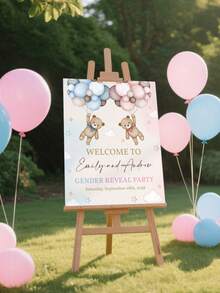 Customizable Teddy Bear Gender Reveal Welcome Sign, Pink And Blue Baby Bear Party Poster, He/She Yard Sign, Unisex Party Porch Sign, Editable, Frameless Canvas Only, Birthday Gift - Multicolor - View 5