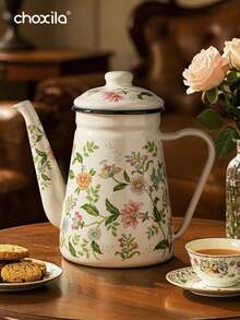 1件搪瓷茶壶花卉图案手冲壶1.2L大容量咖啡壶手柄壶咖啡壶窄口油壶煮茶壶家用煮茶壶适用于电炉燃气煮咖啡或茶 - Tea Kettle - 查看 4