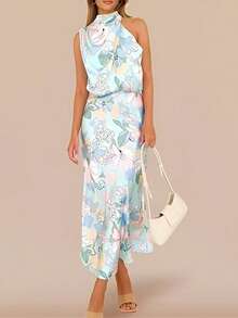 Women's Floral & Leaf Print Elegant Bohemian Backless Ruffle/Ruffle Hem Asymmetric/Asymmetrical Dress Vacation Summer - Blue - View 1