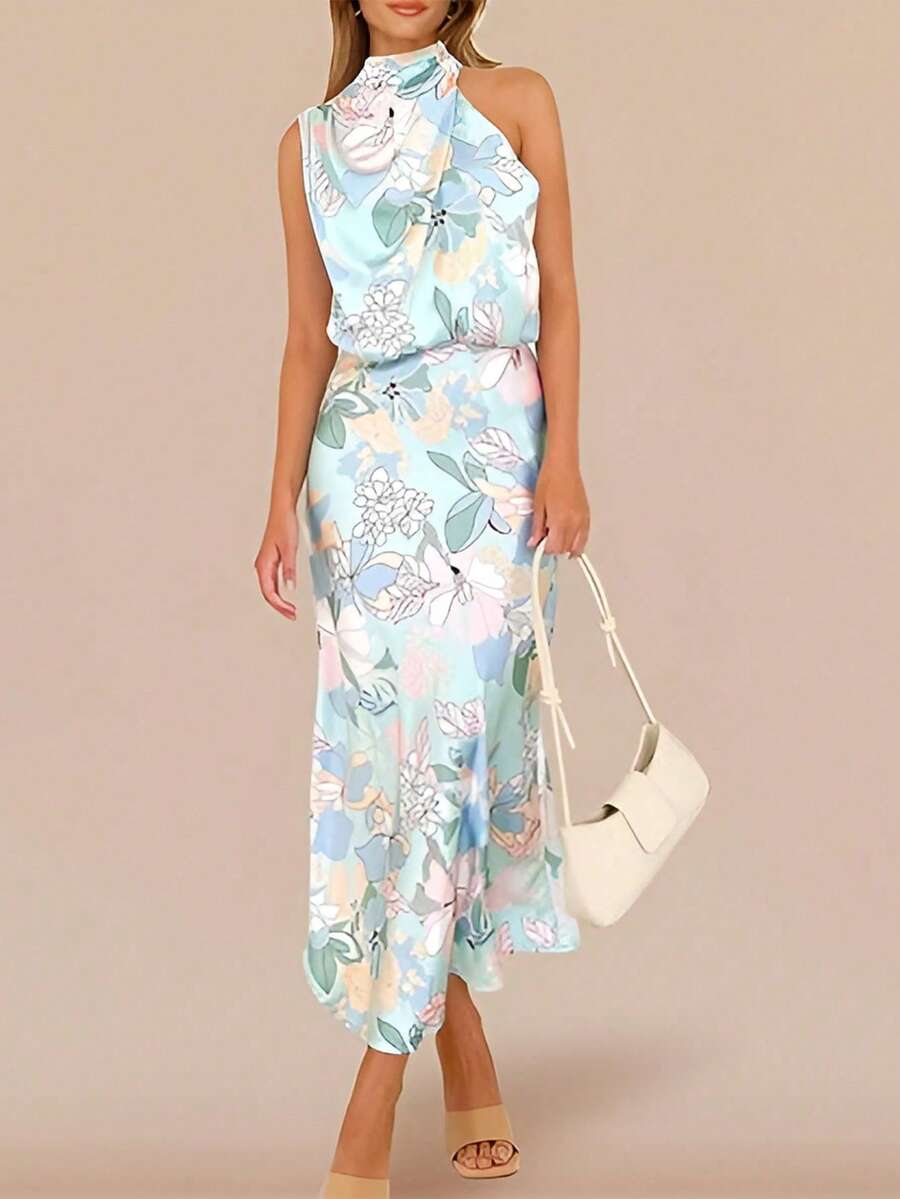 Đầm nữ họa tiết hoa lá thanh lịch kiểu Bohemian hở lưng xếp nếp/gấu bèo bất đối xứng, thích hợp cho kỳ nghỉ hè. - Màu xanh lam - Xem 1