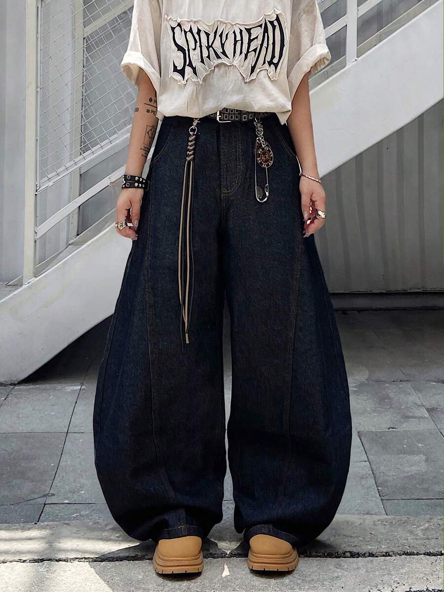 1 buah Celana Jeans Pria Model Vintage Patchwork Kaki Lebar, Celana Denim Kasual Longgar Serbaguna (Sabuk dan Aksesoris Tidak Termasuk) - Hitam - View 1