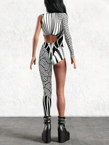 Women's Sexy Party Jumpsuit, Tight-Fitting, Asymmetric, Performance, Holiday, Printed, Long Sleeve, Halloween Costume