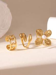 GEREIT Set Cincin Terbuka 3 Buah dari Baja Tahan Karat 18K dengan Bentuk Hati dan Bunga Mutiara Imitasi, Cocok untuk Pemakaian Sehari-hari Wanita, Hadiah Hari Ibu - Emas - View 2