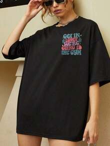 Shirt Women's "Loser, We're  To The Gym" Slogan Printed T-Shirt, Loose Casual White Round Neck Short Sleeve Top, Soft And Comfortable, Very Suitable For Daily Casual Wear |   Gym Enthusiasts |   Fitness WearLoose And Comfortable2026 Halftime Show Shirt - 黑色 - 查看 2