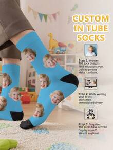 1 Pair Of Customized Face Children's Mid Tube Socks, Put Any Face On Socks,Boy And Girl, Personalized Socks For With Photos, Interesting Customized Picture Pairs With Medium To Long Socks