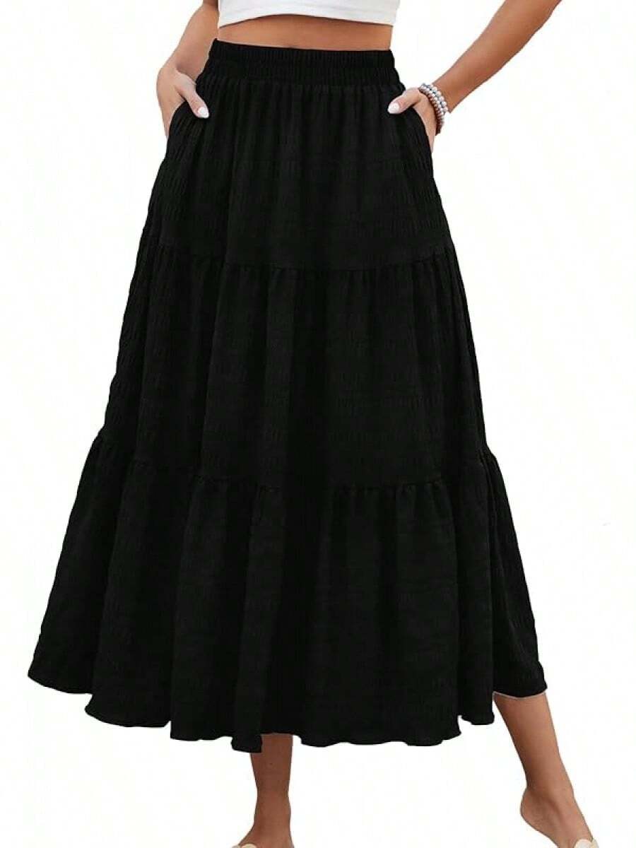 HUSKARY Women's Summer Casual Elegant Smock Layered Tiered Maxi Skirt High Waisted A Line Flowy Long Skirts With Pockets