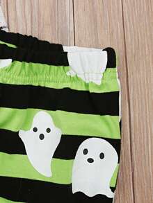 Conjunto de 2 peças de moletom de manga comprida com estampa de rosto sorridente para meninos e meninas de Halloween + calça listrada - Preto - Ver 7