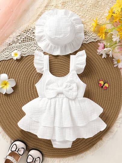 2pcs Set Elegant & Cute Baby Girls' Dress Romper, Soft, Breathable, Comfortable, Bow Decor Solid Color Ruffle Layered Dress Romper & Sun Hat, Suitable For Casual, Daily, Vacation