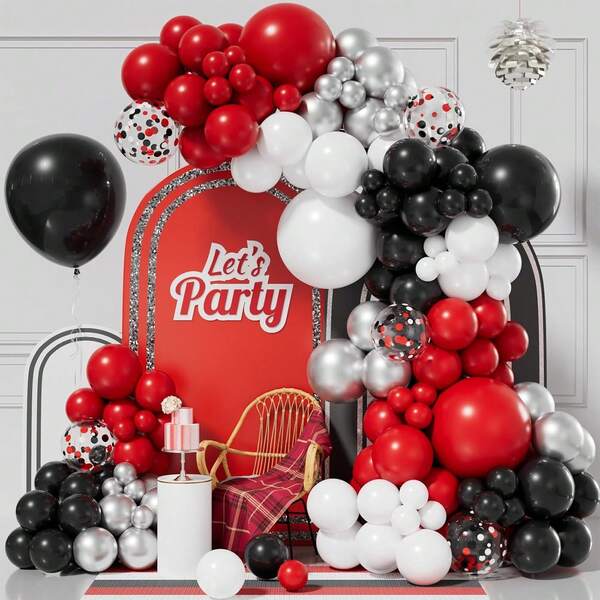 121 pièces Ensemble d'arche de guirlande de ballons rouge et noir, comprenant des ballons en latex rouges, noirs, blancs, argentés et à confettis. Parfait pour les fêtes d'anniversaire, baby showers, premiers anniversaires, anniversaires, remises de diplômes et décorations de fête du Nouvel An.