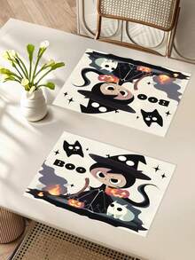 1 pieza/4 piezas/6 piezas/48 piezas Manteles individuales con estampado de bruja, manteles individuales de Halloween, decoración de otoño y Halloween para el hogar, estilo moderno, material similar al lino, decoración de interiores y exteriores para fiestas de Halloween, decoración con tema de Halloween, decoración de habitaciones. Adecuado para la decoración de la cocina del hogar y la decoración de fiestas de Halloween.