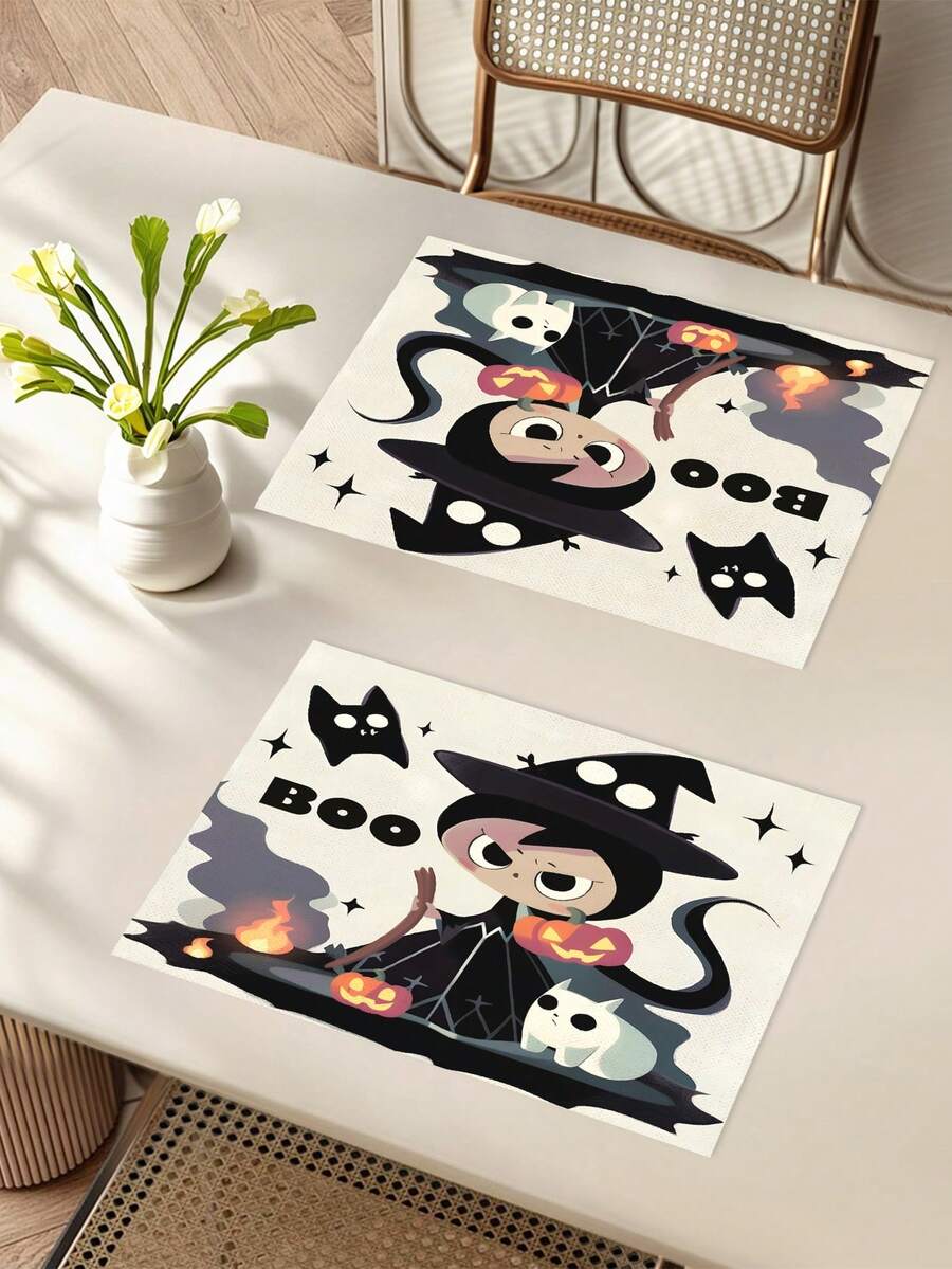 1 pieza/4 piezas/6 piezas/48 piezas Manteles individuales con estampado de bruja, manteles individuales de Halloween, decoración de otoño y Halloween para el hogar, estilo moderno, material similar al lino, decoración de interiores y exteriores para fiestas de Halloween, decoración con tema de Halloween, decoración de habitaciones. Adecuado para la decoración de la cocina del hogar y la decoración de fiestas de Halloween.