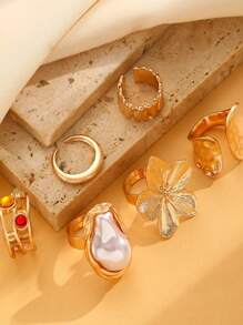 6 pièces/Set Bague en métal rétro décorée de fleurs et de pierres gemmes, bagues de style baroque élégantes avec faux perles, bagues punk rock dorées pour les phalanges, convenant pour un port quotidien, les fêtes, les cadeaux, accessoires de mode multifonctionnels, cadeaux pour la Saint-Valentin, la fête des Mères