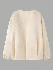 Chaqueta de cuello redondo con decoración de rhinestones de unicolor casual, primavera/otoño - Beis - Ver 2