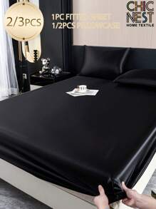 2/3件套纯黑色缎面床单套装，丝滑柔软触感，包含1张床单和1/2个枕套（不含枕芯），现代柔软床上用品套装，适用于单人床、双人床、大号床、特大号床，11.8英寸深口袋，透气抗皱，可机洗