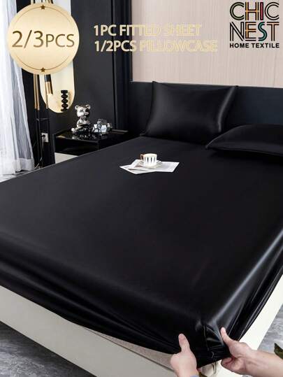 2/3件套纯黑色缎面床单套装，丝滑柔软触感，包含1张床单和1/2个枕套（不含枕芯），现代柔软床上用品套装，适用于单人床、双人床、大号床、特大号床，11.8英寸深口袋，透气抗皱，可机洗