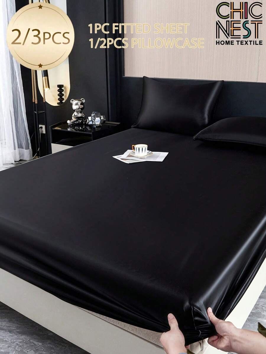 2/3件套纯黑色缎面床单套装，丝滑柔软触感，包含1张床单和1/2个枕套（不含枕芯），现代柔软床上用品套装，适用于单人床、双人床、大号床、特大号床，11.8英寸深口袋，透气抗皱，可机洗