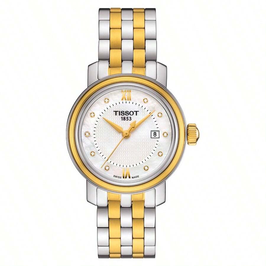 Tissot ساعة كوارتز للسيدات، قرص أبيض مرصع بالراين ستون، عقارب ذهبية، أنيقة وراقية، مناسبة للارتداء اليومي، هدية مناسبة للأصدقاء أو العائلة، مناسبة للهدايا في المناسبات الخاصة، T097.010.22.116.00