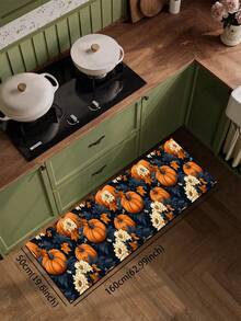 1pc Silica Gel Kitchen Floor Mat, Pumpkin & Floral Pattern, Deep Blue Background With Orange Pumpkins, Yellow Flowers And Green Leaves, Vibrant Autumn-Themed Decor, Suitable For Halloween And Fall Season