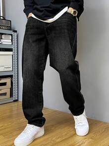 Men's Casual Washed Pocket Straight Loose Fit Jeans, Fashion Everyday Wear - màu đen - Xem 1