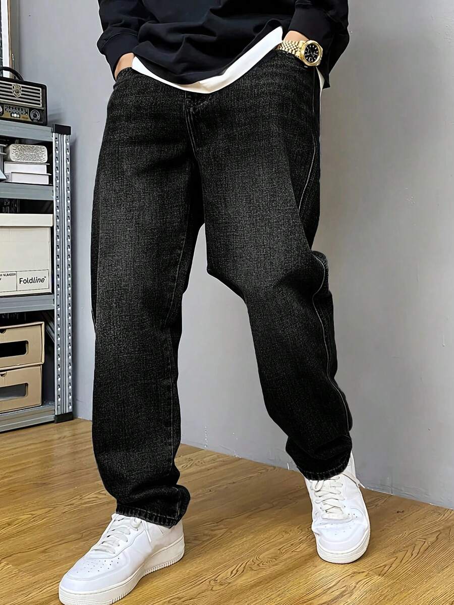 Men's Casual Washed Pocket Straight Loose Fit Jeans, Fashion Everyday Wear - màu đen - Xem 1