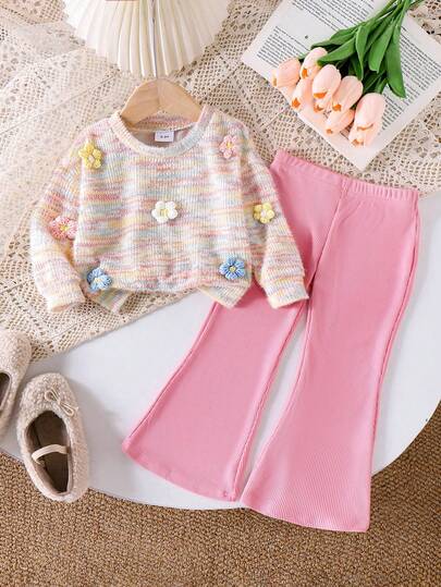 2 件女童可爱针织彩色花朵钩针长袖上衣和阔腿裤套装，春秋