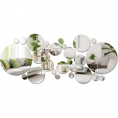 YUNRUICHI Acrylic Mirror Wall Stickers 32 Pcs Removable Circle Design Small Size Decorative Mirror Decals For Bathroom Bedroom Living Room TV Background Decor