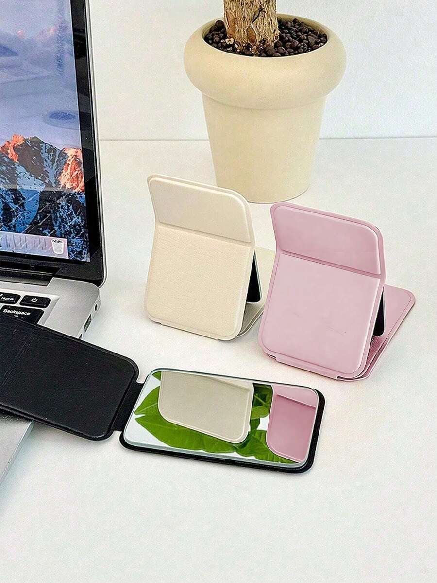 1pc Foldable Makeup Mirror With Desktop Stand, Suitable For Travel, Vanity, Room Decor, Dorm, Beauty Gift (Rectangular) - White - View 1