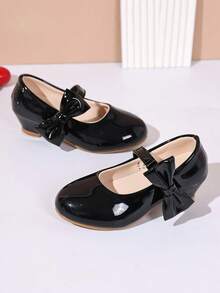 1 Pair Pure Black Girls' Heel Shoes With Side Bow Decor On Ankle, Suitable For Party And Daily Wear, Little Girl Piano Performance Student Dress Shoes - Black - View 2