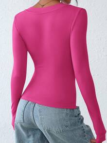 Long Sleeve Shirts For Women  Fall Fashion Going Out Tops Basic Casual V Neck Slim Fitted Y2K Clothes - 玫紅色 - 查看 4