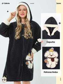 Pijama Invierno para Mujer, Pijamas Polar con Manga Larga, Pijama Grueso con Capucha, Diseño de Bordado con Apliques - Negro - Ver 1