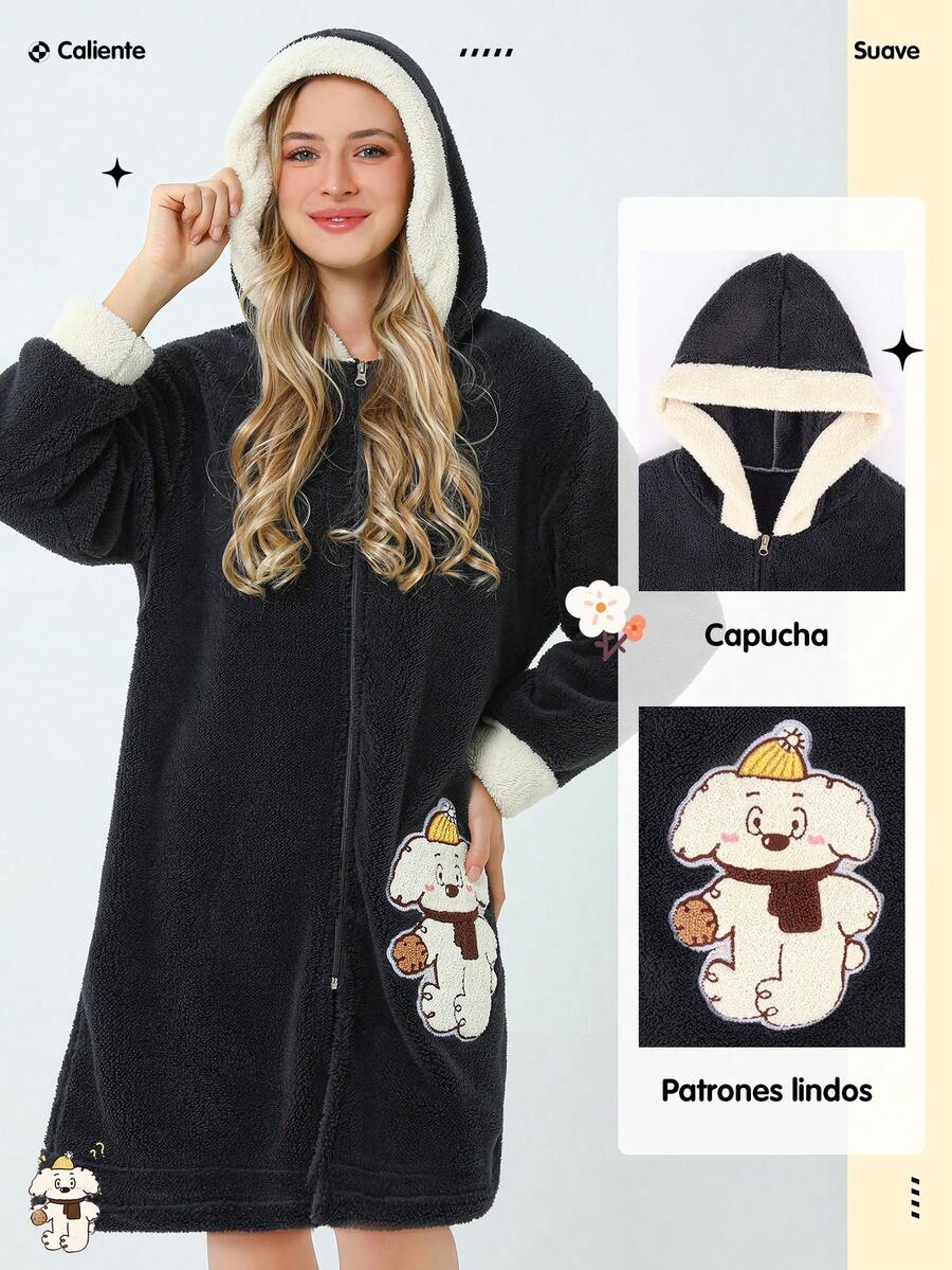 Pijama Invierno para Mujer, Pijamas Polar con Manga Larga, Pijama Grueso con Capucha, Diseño de Bordado con Apliques - Negro - Ver 1